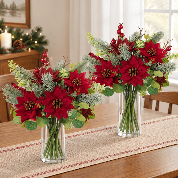 Artificial Christmas Flowers Bouquet for Xmas Winter Dcor(Red)