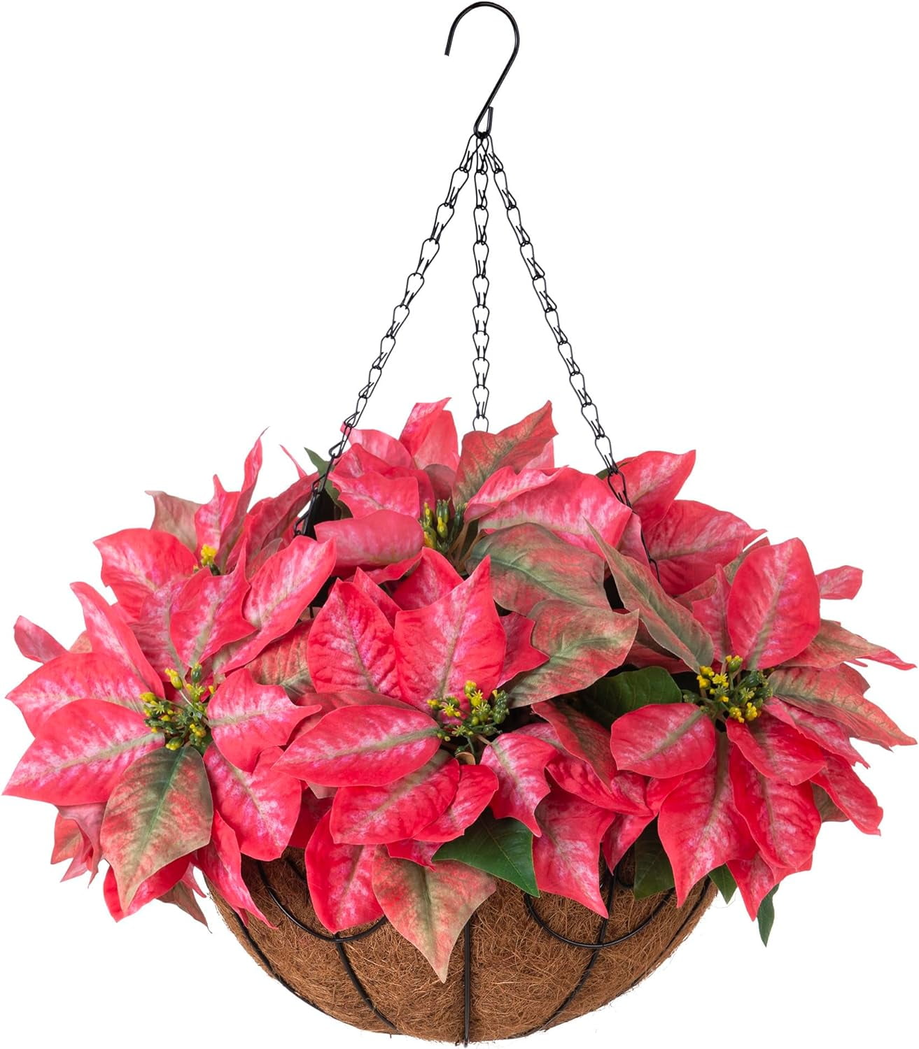 Artificial Christmas Flowers Hanging Basket for Outdoors Indoors Courtyard Decor,Silk Poinsettia Flower with 12 inch Flowerpot,Fake Floral Arrangement Ornaments Xmas Holiday Favor(Salmon)
