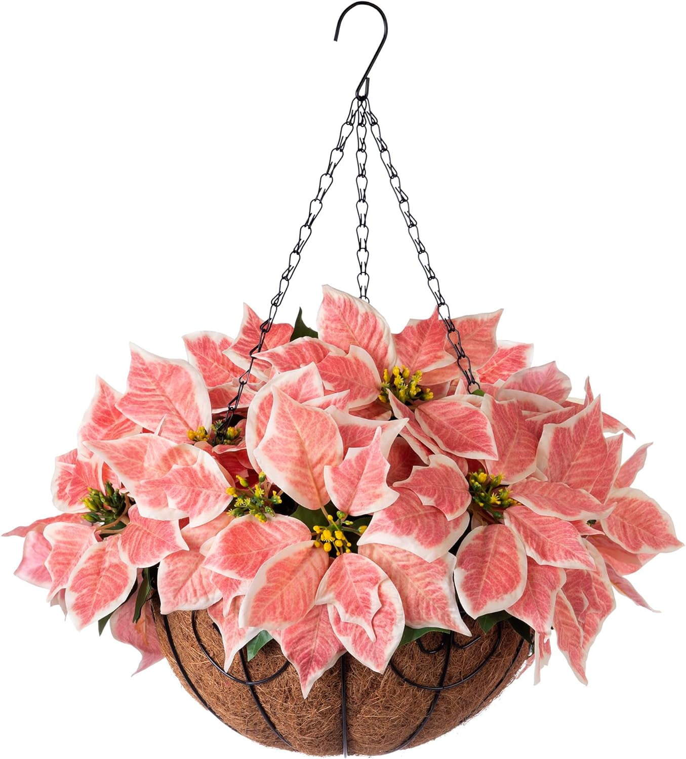 Artificial Christmas Flowers Hanging Basket for Outdoors Indoors Courtyard Decor,Silk Poinsettia Flower with 12 inch Flowerpot,Fake Floral Arrangement Ornaments Xmas Holiday Favor(Salmon)