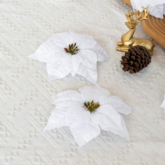 Artificial Christmas Flowers, Holiday Poinsettia Decor, Festive Tabletop Floral Arrangement for Home Mantel Shelf, Red and White Faux Poinsettia Ornament