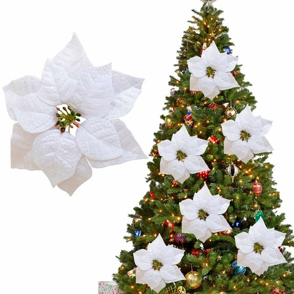 Artificial Christmas Flowers With Clips, Xmas Tree Flower Ornaments for Holiday Home, Tree & Table Decoration 5.7-Inch White