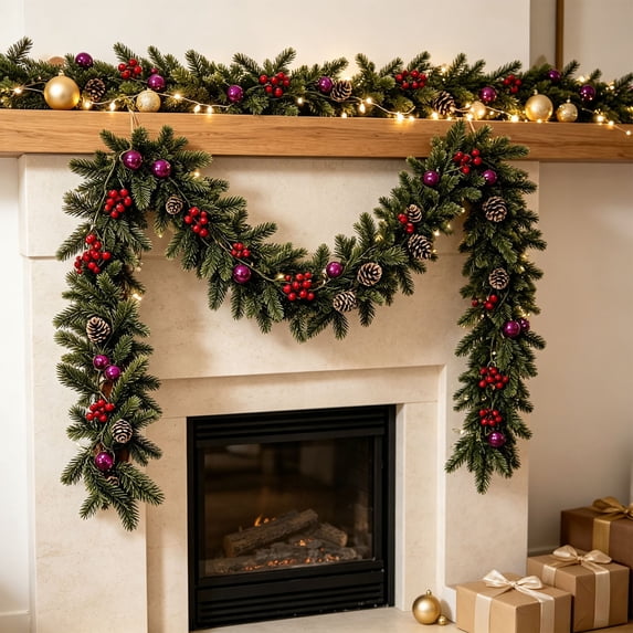 Artificial Christmas Garland, 5.8FT Flocked Pine Vine with Pinecones, Red Berries and Purple Baubles for Mantel, Stairs and Door Decor, Green