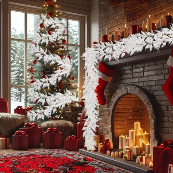 Artificial Christmas Garland 70 Inch White Pine Cedar Rattan Vine for Indoor Outdoor Decoration Stair Railing Mantel Wall Ceiling Trim Holiday Display