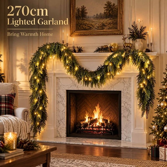 Artificial Christmas Garland, 8.86FT Pre-lit Faux Cypress Greenery Garland with Warm Lights for Fireplace Mantel, Entryway Arch, Stair Banister, Holiday Wall Decor
