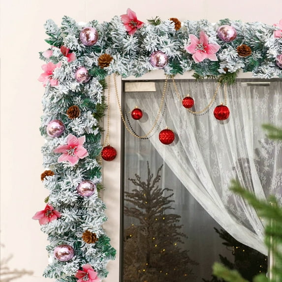 Artificial Christmas Garland Christmas Decorative Rattan White Flocked Doorway Staircase Handrail Decorations Pines Branches Rattan Set Christmas Wreath