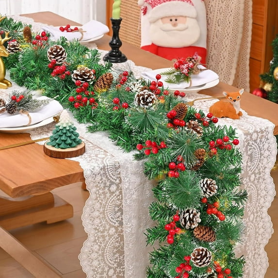 Artificial Christmas Garland Christmas Flocking Snowflake Rattan 270CM/106IN with Pinecone and Red Berries Mixed Artificial Encryption Falling Snow Rattan