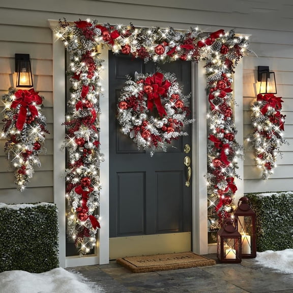 Artificial Christmas Garland Christmas Flocking Wreath Door Hanging Christmas Decorations Christmas Wreath Rattan Pendant Decoration European And Home Furnishing Holiday Floral Garland