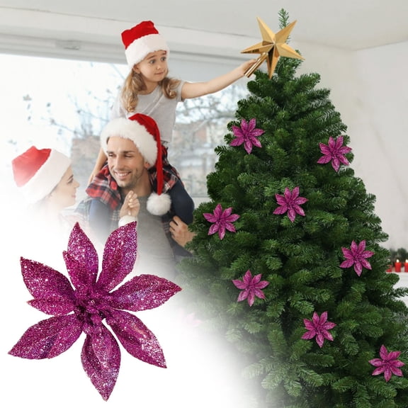 Artificial Christmas Glitter Flowers with Clips, Xmas Tree Flower Ornaments for Holiday Decor, Table, Wall, Mantel, and DIY Decorations Christmas Glitter Flowers Xmas Tree Flower Decor Purple