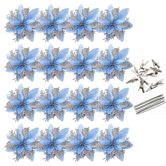 Artificial Christmas Glitter Flowers,Xmas Tree Flower Ornament Decor, Glitter Flowers with Clips And Rods, Xmas Tree Flower Ornament Poinsettias Decor,Artificial Poinsettia Flowers(Sky Blue)