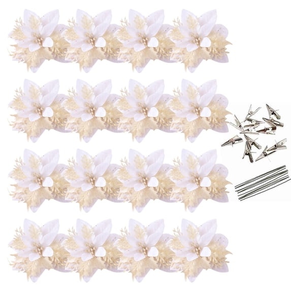 Artificial Christmas Glitter Flowers,Xmas Tree Flower Ornament Decor, Glitter Flowers with Clips And Rods, Xmas Tree Flower Ornament Poinsettias Decor,Artificial Poinsettia Flowers(White)