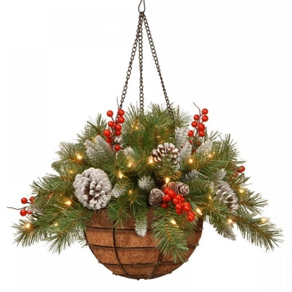 Artificial Christmas Hanging Basket, Decorated with Frosted Pine Cones, Berry Clusters, White LED String Lights, Outdoor Xmas Decorations