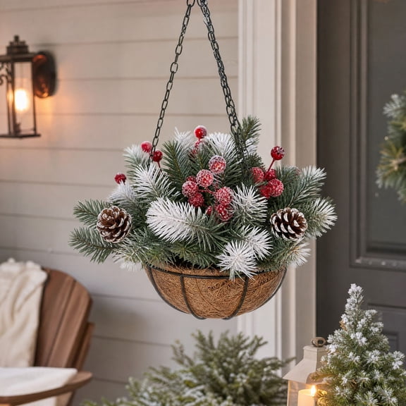 Artificial Christmas Hanging Basket, Frosted Pine Branches with Pine Cones and Red Berries, Coco Liner Hanging Planter Basket for Front Door Porch Holiday Winter Decor
