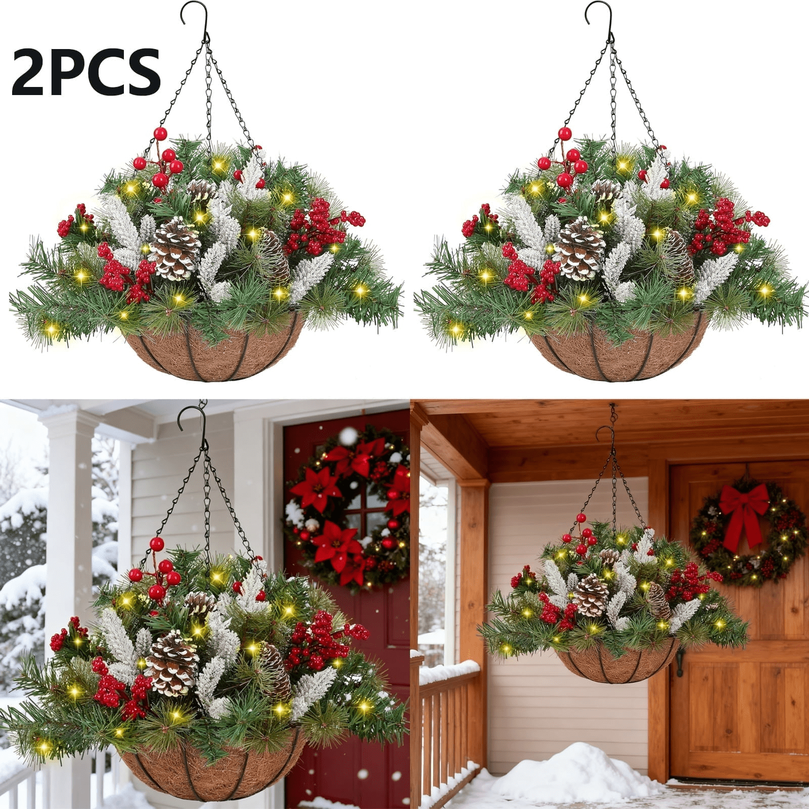 Artificial Christmas Hanging Basket with LED String Lights Christmas Hanging Plant Basket Artificial Flowers with Frosted Pine Needles Pinecones Red Berries Fake Plants Faux Decor for Xmas Decor