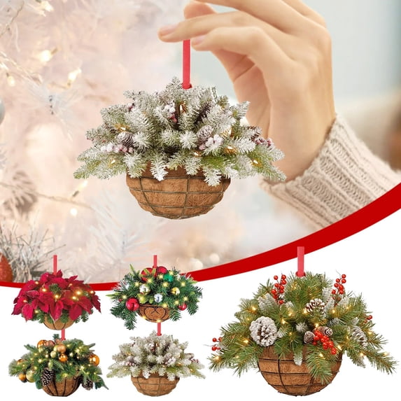 Artificial Christmas Hanging Basket Mini Wood Xmas Tree Decoration with Frosted Pine Cones Berry Clusters Frosted Branches Christmas Collection 3.15in