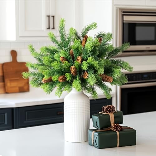 Artificial Christmas Norfolk Pine Stems with Pine Cone Fake Branches for DIY Wreath Christmas New Year Holiday Decor Mantel Decorations Indoor Home Decorations 6PCS 14.9In (No Vase)
