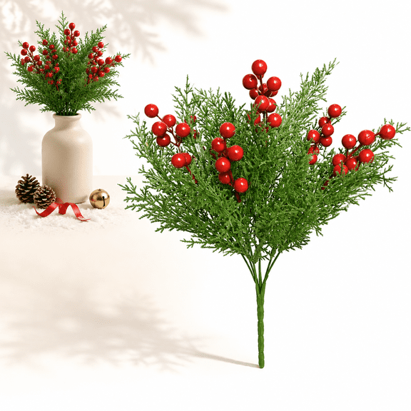Artificial Christmas Pine Branches, 7-Head Faux Evergreen Greenery Stem with Red Berry Accents, Christmas Floral Pick for Tree Wreath Vase Garland and Holiday Home Decor, 1 Bunch
