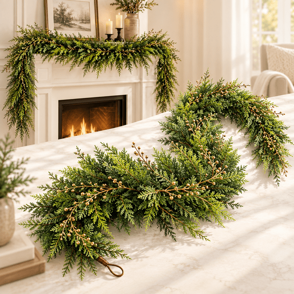Artificial Christmas Pine Garland, 70.87 in Green Decorative Rattan with Gold Beads for Fireplace Mantel, Staircase and Dining Table, 1 Piece