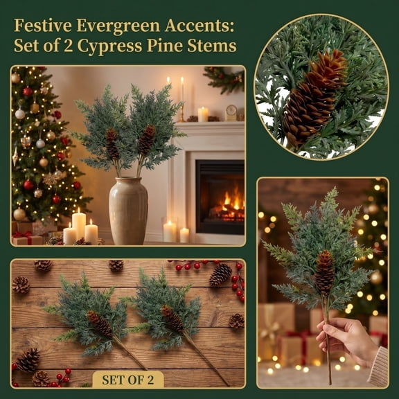 Artificial Christmas Pine Sprigs with Pine Cones 2 Pack Faux Cypress Branches Fake Greenery Stems for Xmas Vase Fillers Holiday Party Mantel Fireplace Table Centerpiece Indoor Home Decoration