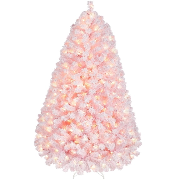 Artificial Christmas Pine Tree with Lights, Snow Frosted Xmas Tree for Holiday Decoion, Pre-Lit Sparkling Birch for Indoor Home Party Wedding, 6ft, Pink