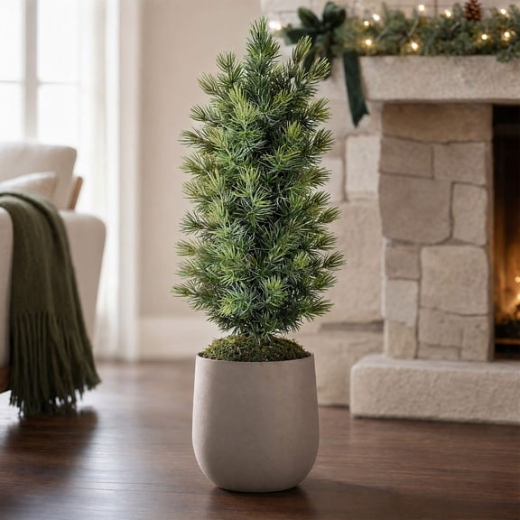 Artificial Christmas Pine Tree Realistic Pine Needle Faux Evergreen Sapling, Indoor and Outdoor Small Greenery for Holiday Scene Decoration, 26"x8"