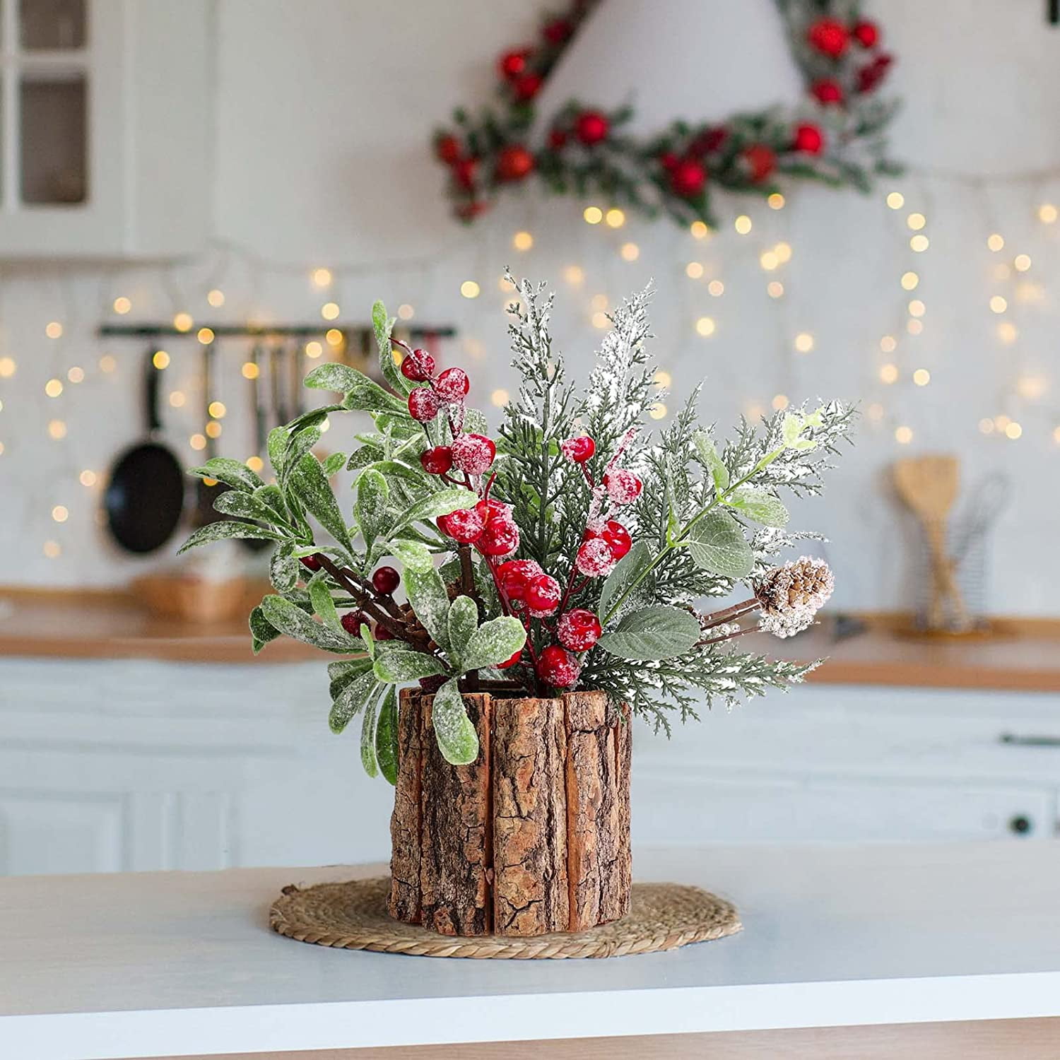 Artificial Christmas Plant,Christmas Centerpiece Decoration, Potted Plants Christmas  Picks and Sprays Fake Greenery Pine Needles Branches Red Berry Picks Stems  for Home Office Christmas Decor 