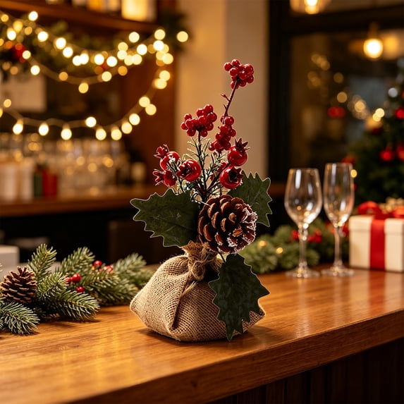 Artificial Christmas Plants, Mini Tabletop Pinecone Ornament Faux Greenery for Holiday Mantel Shelf Desk Centerpiece Decor
