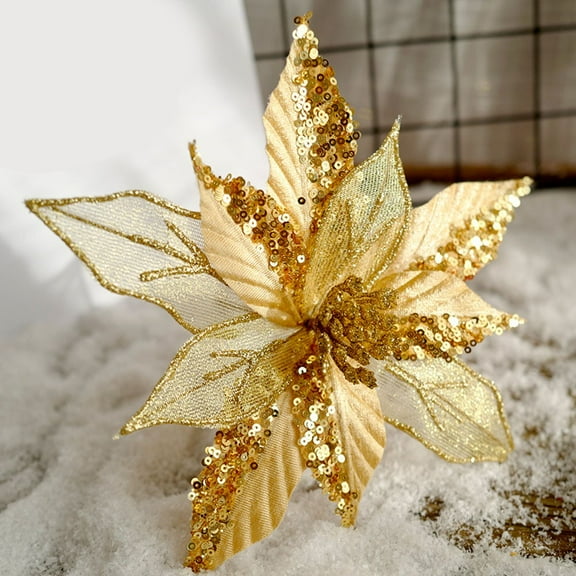 Artificial Christmas Poinsettia Flower Xmas Tree Hanging Ornament Gold Silver Glitter Sequin Christmas Flower Home Party Decor