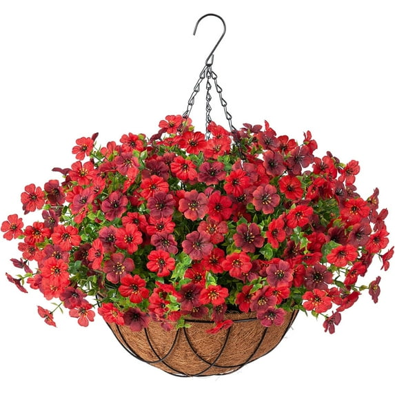 Artificial Christmas Poinsettia Flowers with Faux Berries Hanging Basket for Outdoor Decoration, Fake Silk Christmas Flowers Plant Pot Planter for Garden, Faux Red Flower for Porch Patio Xmas Decor