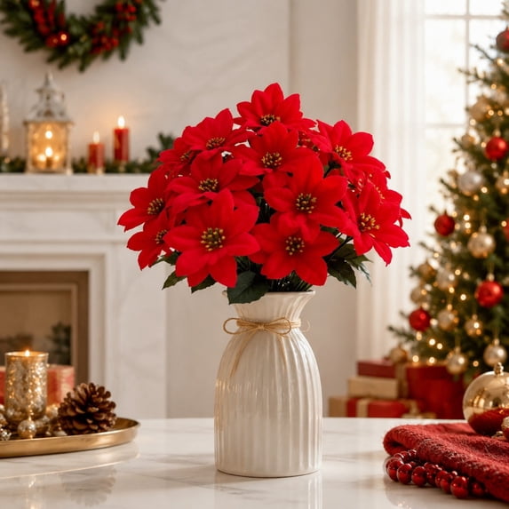 Artificial Christmas Poinsettia - Velour Single Stem for Vase, Table, and Holiday Decor