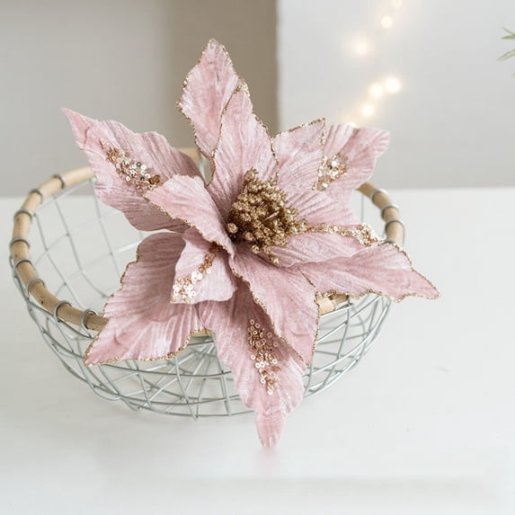 Artificial Christmas Poinsettias Decoration 10.23 Inch Glitter Flower Christmas Tree Ornaments Wreath Garland Flower with Stem for Festival Xmas Wedding Party Home Supplies Holiday DIY Decor