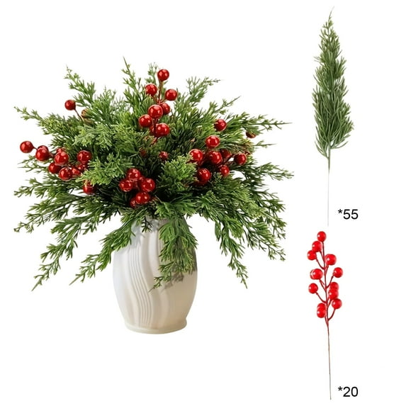 Artificial Christmas Red Berry and Leafy Branch Decoration, 55 Leaves 20 Red Fruits, Plastic Holiday Table Centerpiece, Multicolor,75pcs