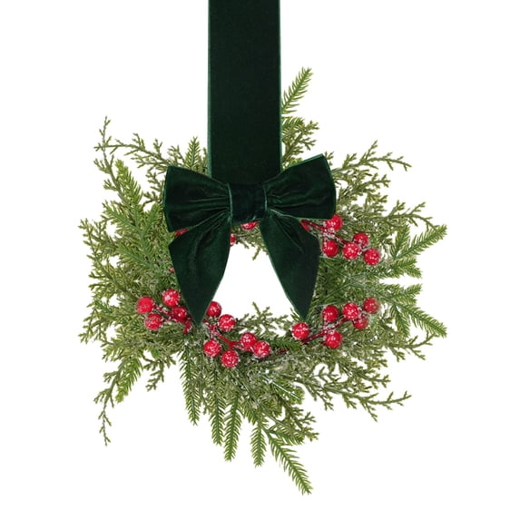 Artificial Christmas Small Wreath with Green Bow Christmas Cabinet Wreaths for Kitchen Hanging Xmas Wreaths for Front Door Cupboard Wall Decor
