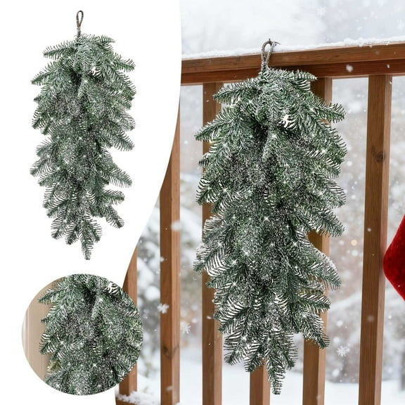 Artificial Christmas Snow Teardrop Swag 26 Inch Snow Flocked Pine Teardrop Door Swag, White Frosted Pine Wreath for Xmas Door Mantle Fireplace Decor