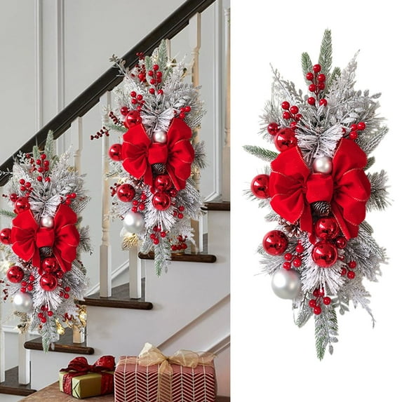 Artificial Christmas Snow Teardrop Swag, Faux Snow Flocked Norfolk Pine Teardrop Door Swag, White Frosted Real Touch Pine Wreath Staircase Swags for Xmas Door Mantle Fireplace Decor, 19.68x11.81"