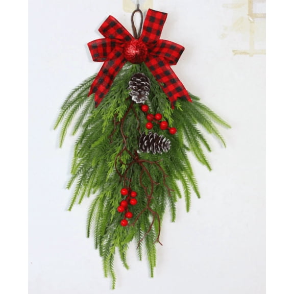 Artificial Christmas Teardrop Swag 21.65 Inch Winter Greenery Garland with Red Berries Bow Cedar Pine Xmas Door Swag for Front Door Wall Hanging Indoor Outdoor Fireplace Decor