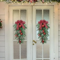 Artificial Christmas Teardrop Swag Christmas Swag with Bow Pine Cones Berries and Green Leaves Holly Xmas Teardrop Wreath for Xmas Front Door Holiday Door(Green)