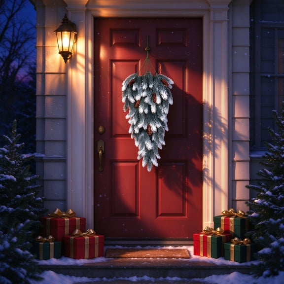 Artificial Christmas Teardrop Swag, Dense Pine Hanging Decor With Pinecones, Front Door Mantel Window Indoor Covered Porch Ornament, Holiday Seasonal Decoration, 29.13 in Length