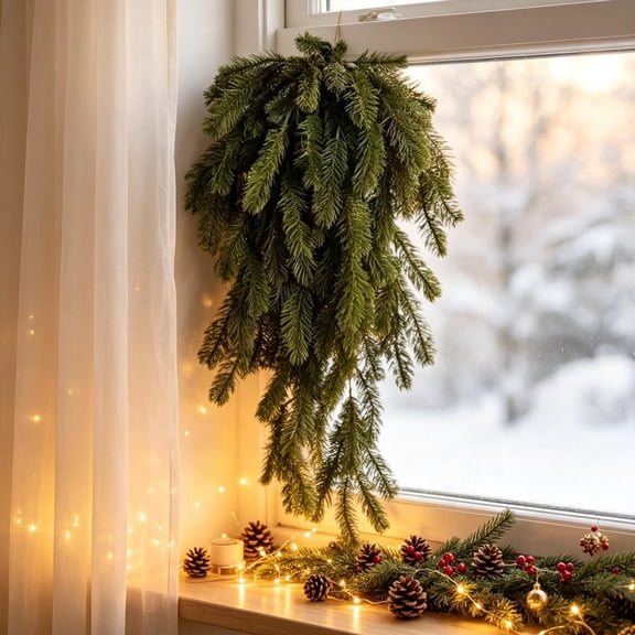 Artificial Christmas Teardrop Swag, Pine Garland, Hanging Greenery for Front Door and Mantel Decor, Realistic Touch, Adjustable Branches Seasonal Display