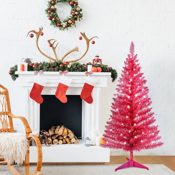 Artificial Christmas Tree, 4FT Red Christmas Tree with 50 UL Lights, 122 PVC Tips - Prelit Artificial Holiday Tree for Indoor Decoration, Small Space, Tabletop, Apartment, or Office, Christmas Tree