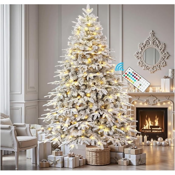 Artificial Christmas Tree 7.5 ft, Prelit Flocked Snow Xmas Tree with Remote Control Lights, PE PVC Frosted White Holiday Tree for Living Room Bedroom Office Party Indoor Decoration