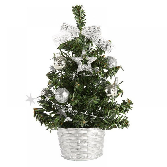 Artificial Christmas Tree 7.8" Mini Christmas Tree Tabletop Decorations with Ornaments and Woven Basket Base Great for Party Home Table Centerpieces Decoration