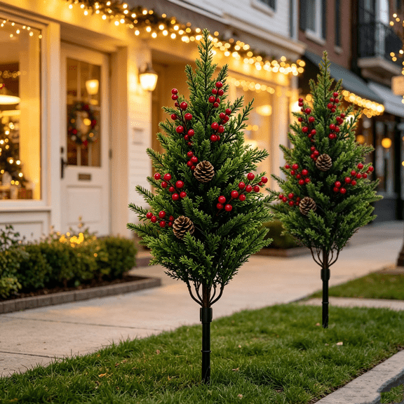 Artificial Christmas Tree Artificial Topiary Trees for Outdoors Set of 2 Christmas Tree with Christmas Ornaments Pine Cone Berry Artificial Cedar Trees for Outdoor Front Porch Patio Garden Yard