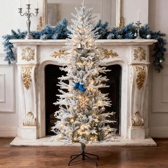 Artificial Christmas Tree, Christmas Trees with Snow Branches,Pre Lit Artificial Flocked Christmas Trees,Warm Yellow Clear Lights, Auto Open, Green Christmas Tree,Plastic,Steel Small Christmas Tree