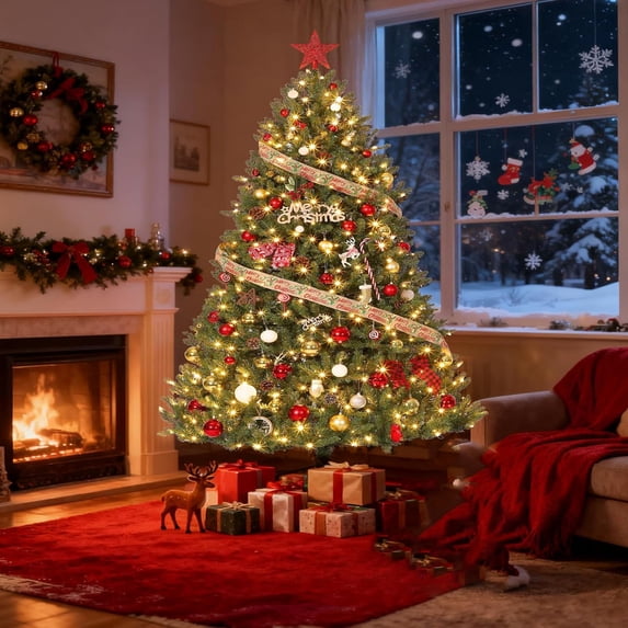Artificial Christmas Tree, Fraser Fir with Colorful LED Lights, Premium Unlit Hinged Design, Holiday Decor Dense Branches Realistic Holiday Décor w/Easy Assembly, Full & Realistic Xmas Tree