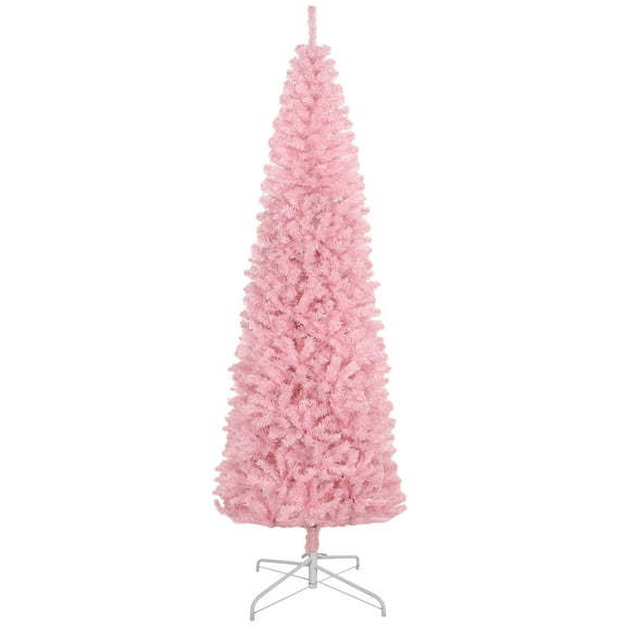 Artificial Christmas Tree, HOMCOM 8' Tall Unlit Slim Douglas Fir Artificial Christmas Tree with 1168 Realistic Branch Tips, Pink, Pink Christmas Tree,Plastic Small Christmas Tree