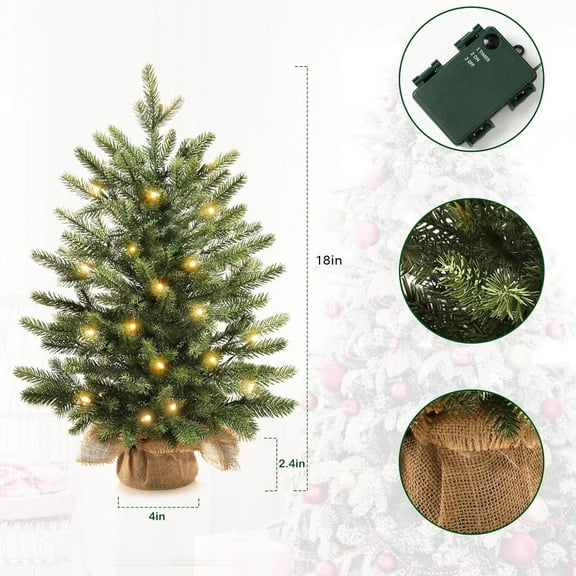 Artificial Christmas Tree, Pre-Lit Christmas Tree, 18 Inch Green Encrypted Flame Retardant Christmas Tree with Warm White LED Lights, Battery Operated with Remote and Timer, Woven Basket Base