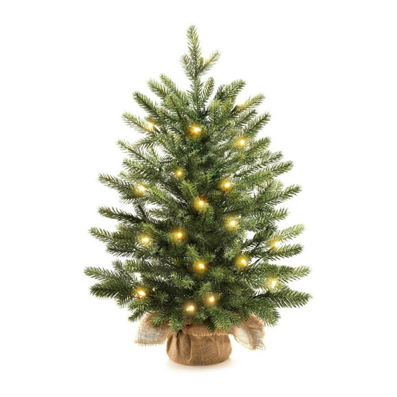 Artificial Christmas Tree, Pre-Lit Holiday Decor, 18 Inch Small Tree with Warm White LED Lights, Lifelike Pine, Battery Operated with Remote, Woven Basket Base, Festive Indoor Decoration