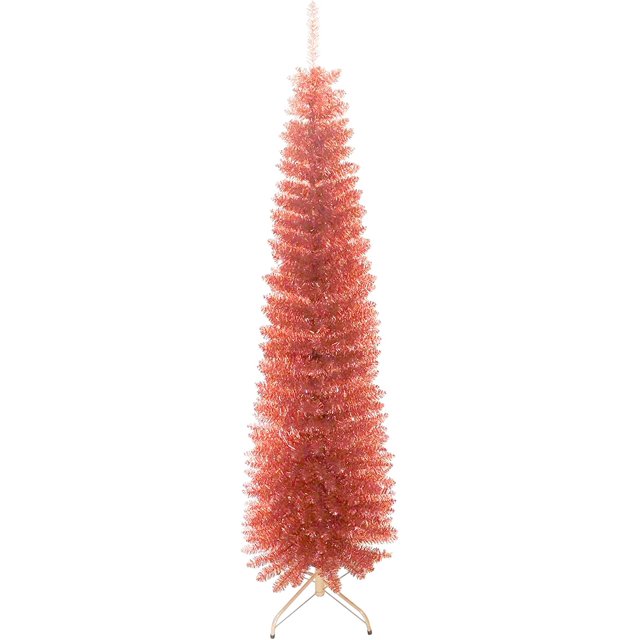 Artificial Christmas Tree, Rose Gold Tinsel, Includes Stand, 6 feet
