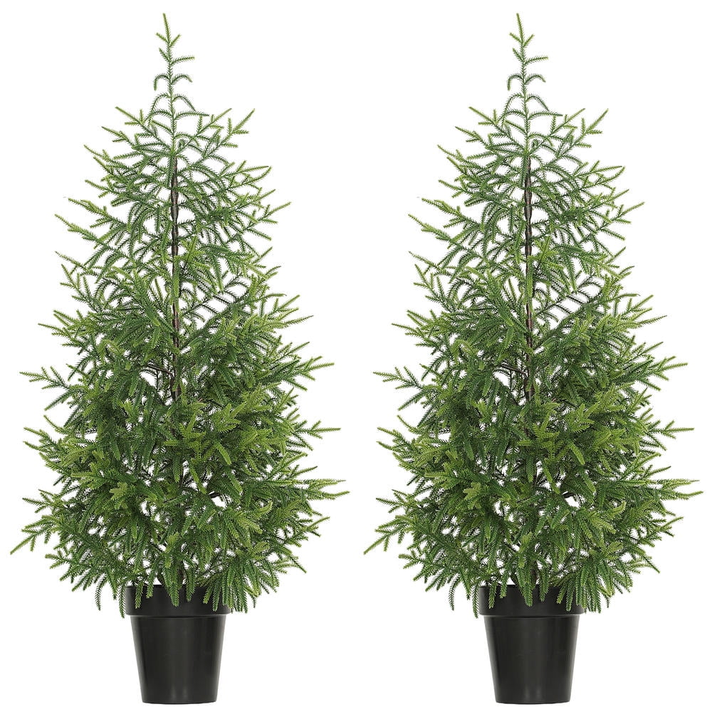 Artificial Christmas Tree, Set of 2, 4 Ft Norfolk Pine, 133 Molded Tips, Pot Base, Green