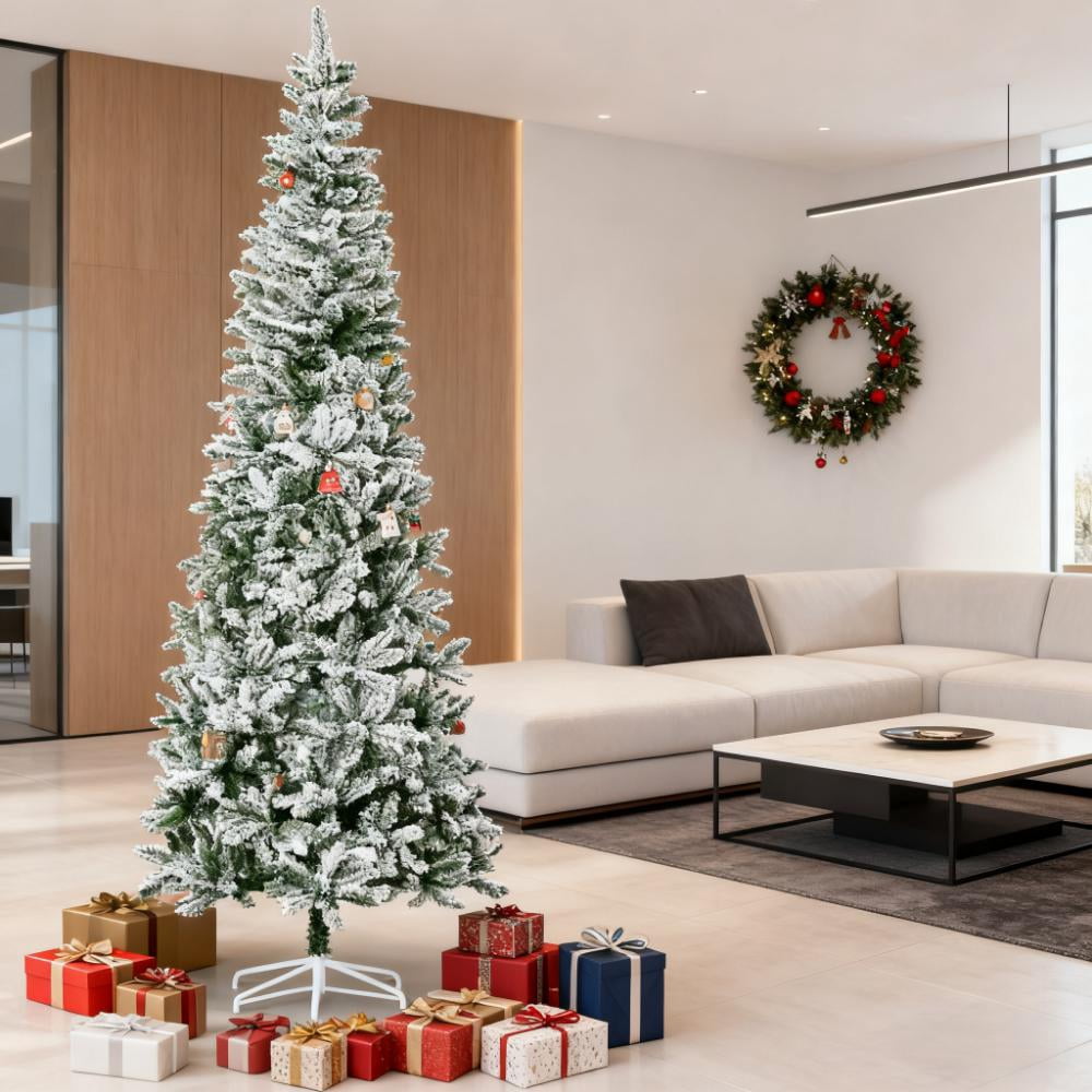 Artificial Christmas Tree, Snow-Flocked Slim Pine Artificial Christmas Tree with Realistic Branches and 1084 Tips
